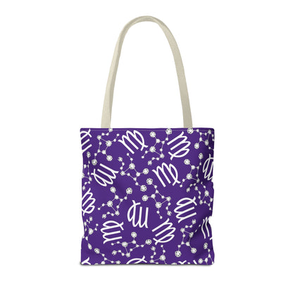 Tote Bag, Virgo Zodiac Sign, AOP, (Purple, White)
