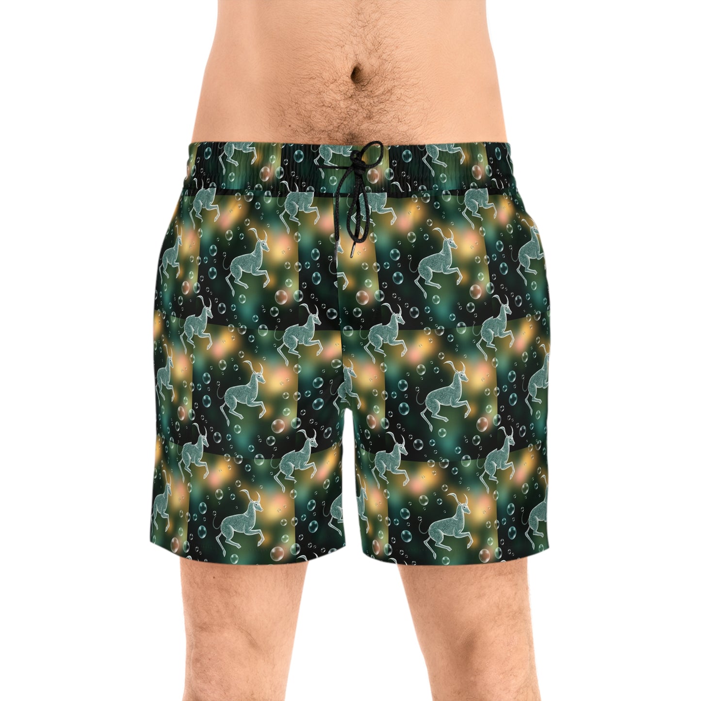Men's Mid-Length Swim Shorts, (AOP), Capricorn, Zodiac v1, Bubble Pattern