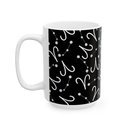Ceramic Mug, (11oz, 15oz), Ceramic Coffee Mug, Black AOP, Aries Zodiac Design