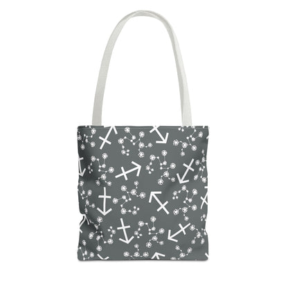 Tote Bag, Sagittarius Zodiac Sign, AOP, (Grey, White Print)