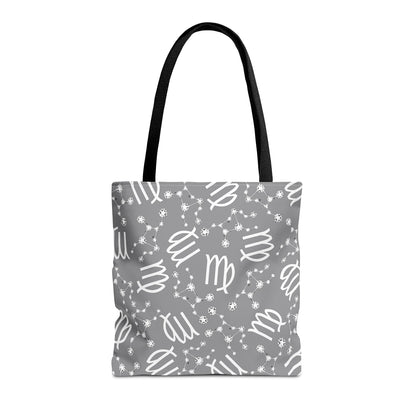 Tote Bag, Virgo Zodiac Sign, AOP, (Grey, White)