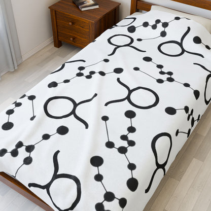 Velveteen Plush Blanket, Taurus Zodiac Sign, Constellation & Symbol, White, 100% polyester