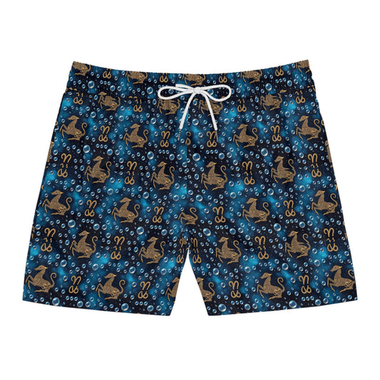 Men's Mid-Length Swim Shorts, (AOP), Capricorn, Zodiac v4, Bubble Pattern