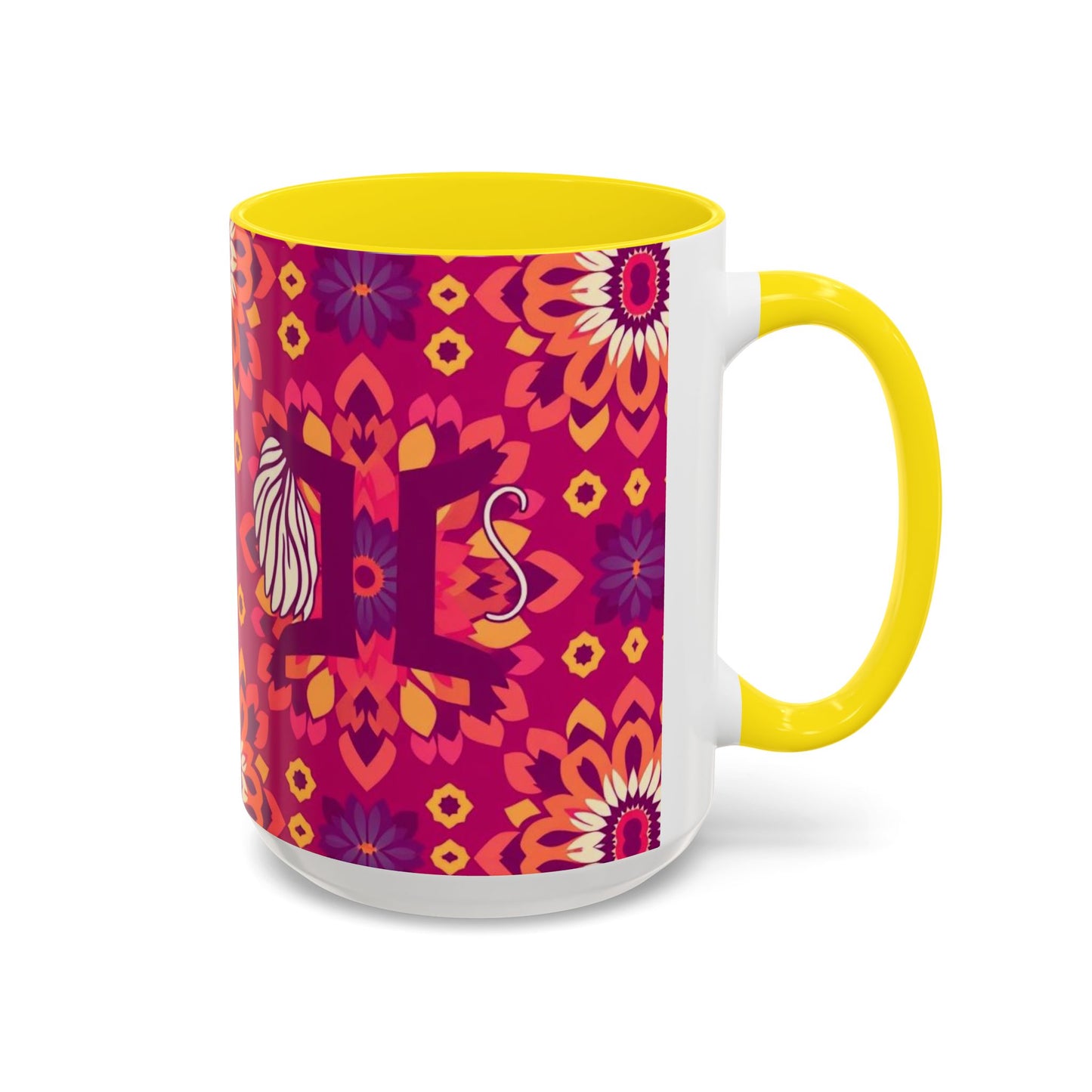Accent Coffee Mug, Gemini, Zodiac v1, Flower Pattern, (11, 15oz)