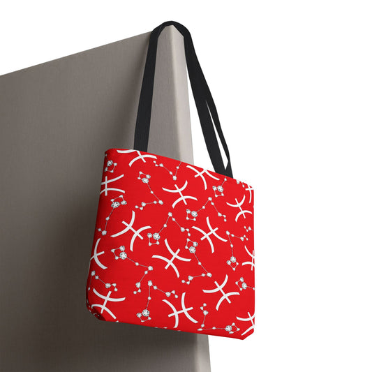 Tote Bag, Pisces Zodiac Sign, AOP, (Red, White)