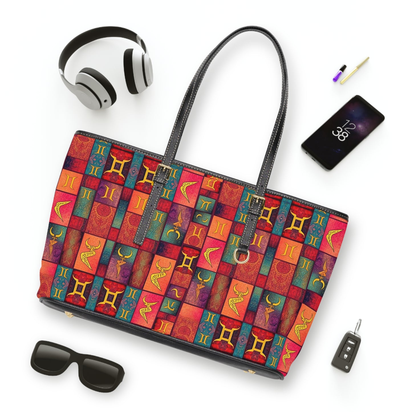 Leather Shoulder Bag, Gemini, Zodiac v4, Shapes Pattern