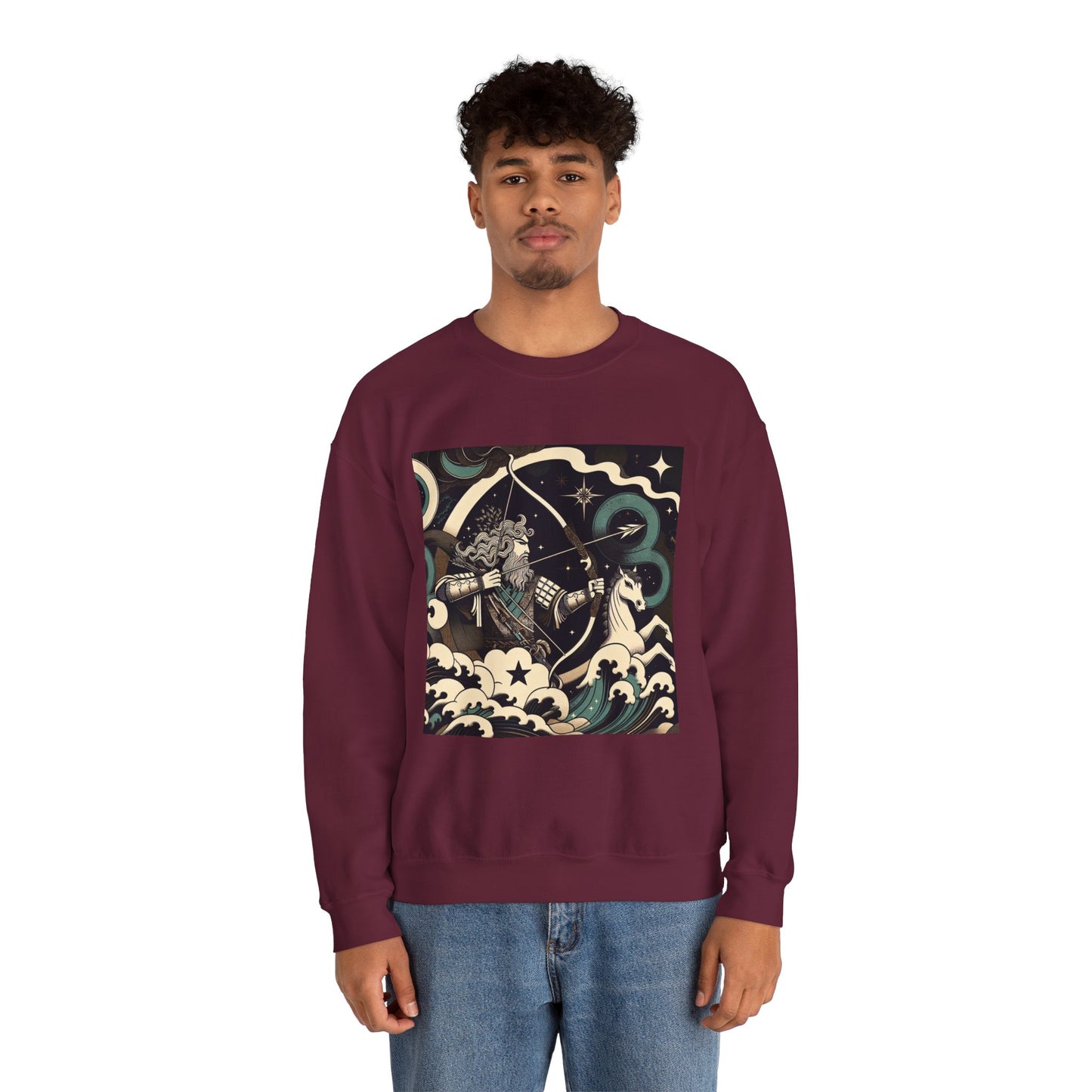 Unisex Heavy Blend™ Crewneck Sweatshirt, Man With Arrow Sagittarius Zodiac Design