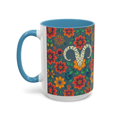 Accent Coffee Mug, Aries, Zodiac v4, Flower Pattern, (11, 15oz)