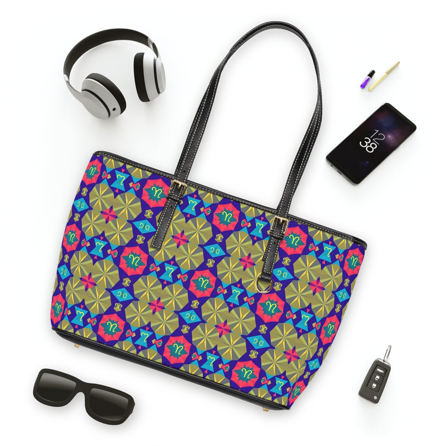 Leather Shoulder Bag, Aquarius, Zodiac v3, Shapes Pattern