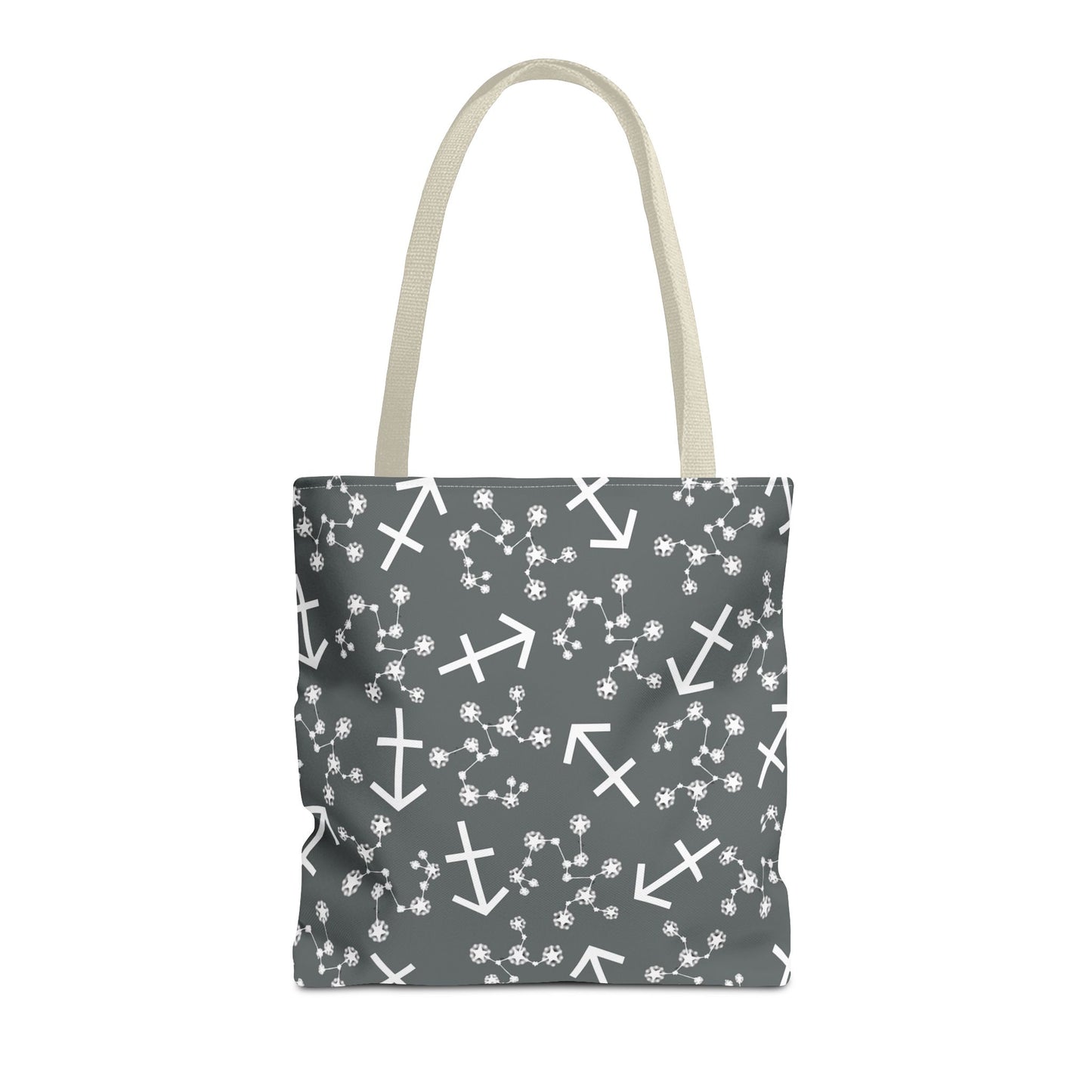 Tote Bag, Sagittarius Zodiac Sign, AOP, (Grey, White Print)