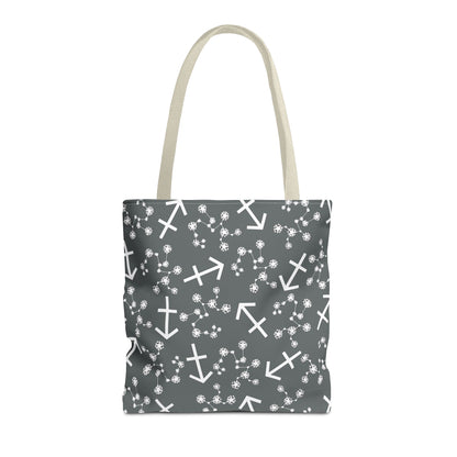 Tote Bag, Sagittarius Zodiac Sign, AOP, (Grey, White Print)