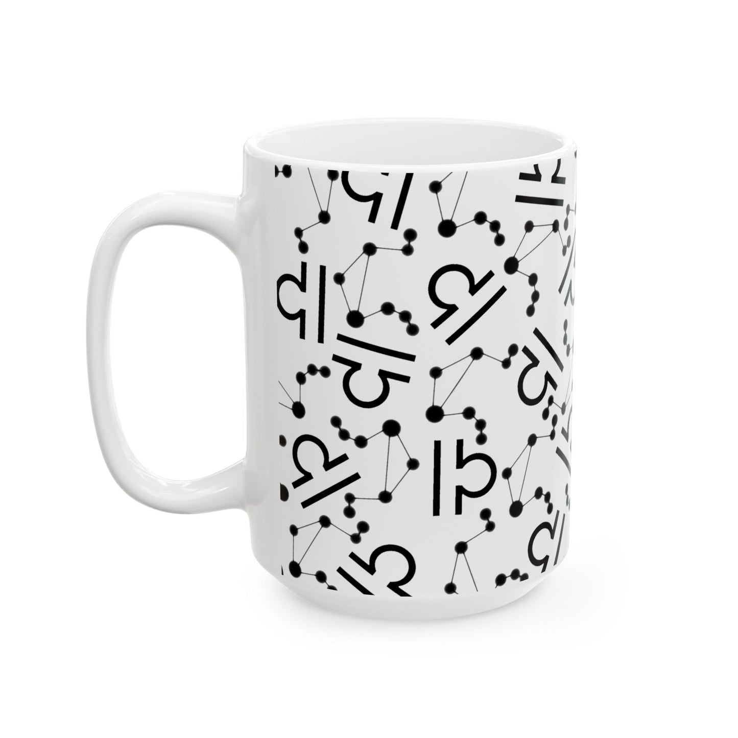 Ceramic Mug, (11oz, 15oz), Ceramic Coffee Mug, AOP, Constellation & Symbol, Libra Zodiac Design