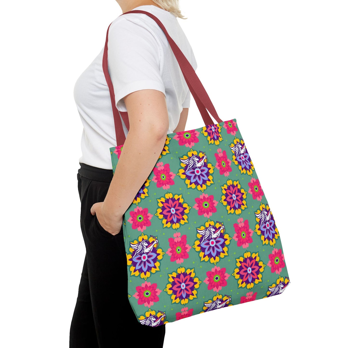 Tote Bag, (AOP), Sagittarius, Zodiac v4, Flower Pattern