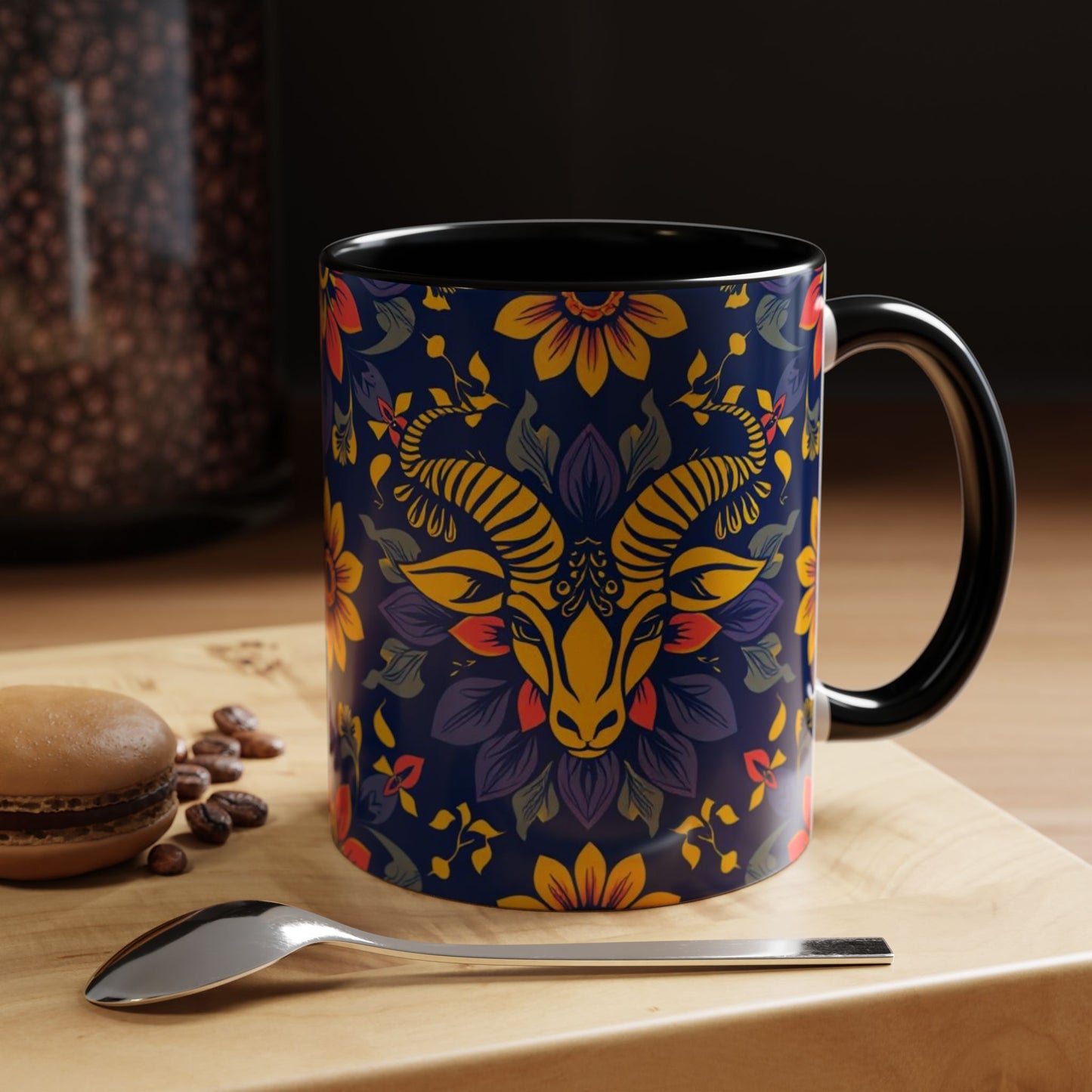 Accent Coffee Mug, Taurus, Zodiac v1. Flower Pattern, (11, 15oz)