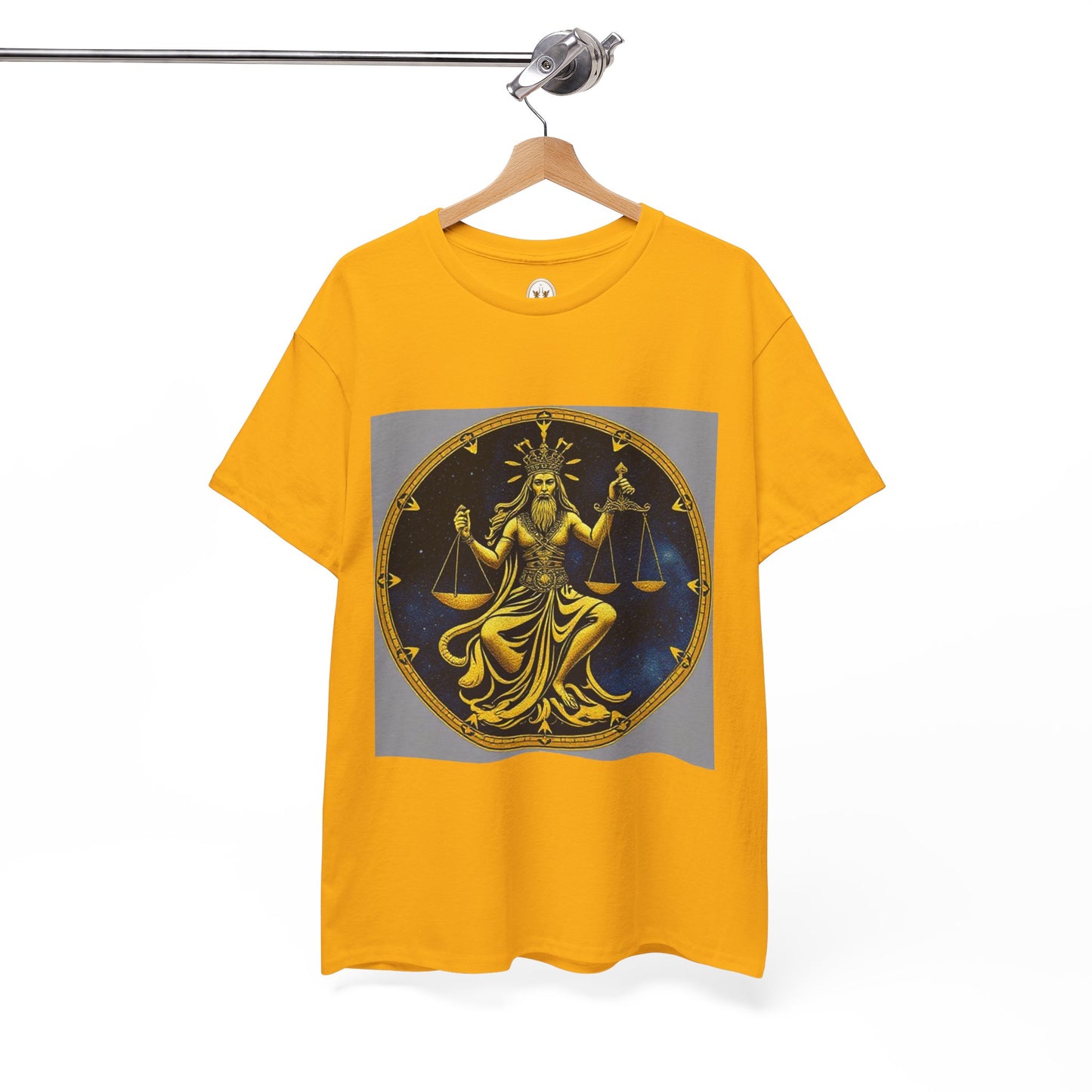 Unisex Heavy Cotton T-Shirt, Gold Libra God, Zodiac Design
