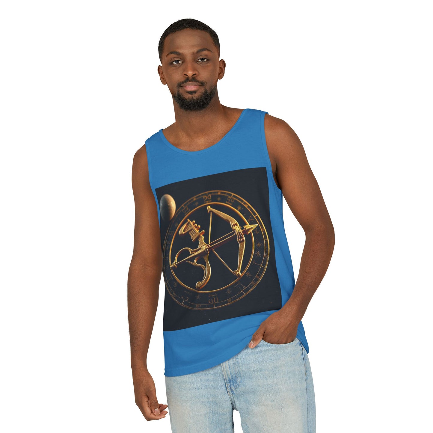 Unisex Garment-Dyed, Tank Top, Sagittarius Design, Planet Symbol v1, 100% US cotton