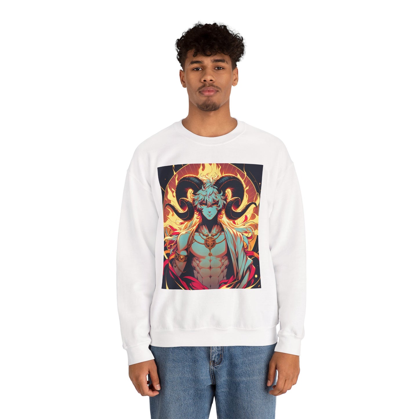 Unisex Heavy Blend™ Crewneck Sweatshirt, Anime Fire Aries, Zodiac Design