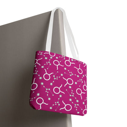 Tote Bag, Taurus Zodiac Sign, AOP, (Pink, White)