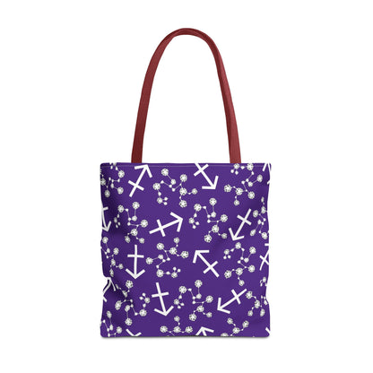 Tote Bag, Sagittarius Zodiac Sign, AOP, (Purple, White Print)