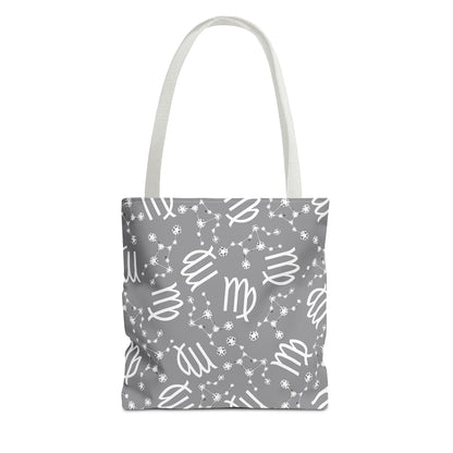 Tote Bag, Virgo Zodiac Sign, AOP, (Grey, White)