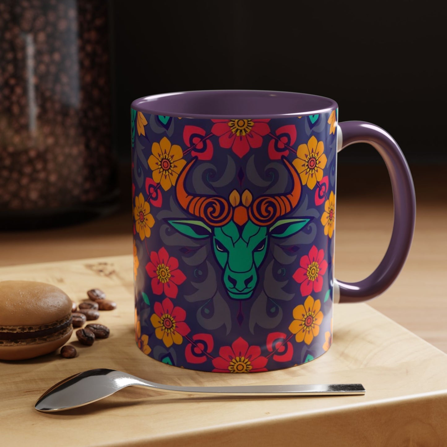 Accent Coffee Mug, Taurus, Zodiac. Flower Pattern, (11, 15oz)