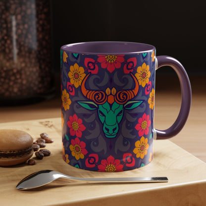 Accent Coffee Mug, Taurus, Zodiac. Flower Pattern, (11, 15oz)