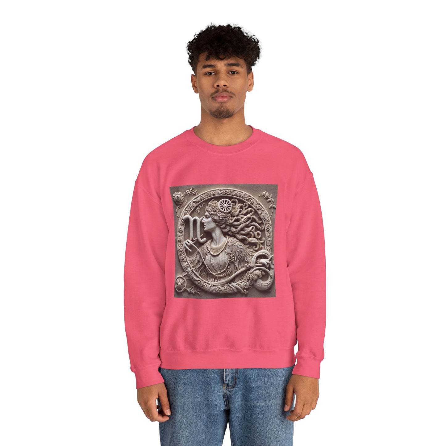 Unisex Heavy Blend™ Crewneck Sweatshirt, Stone Carving, Virgo Zodiac Design