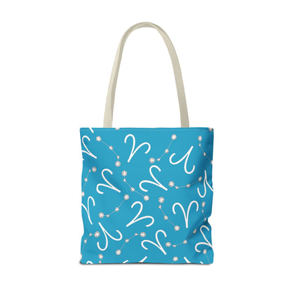 Tote Bag, Aries Zodiac Sign, AOP, (Turquoise, White)