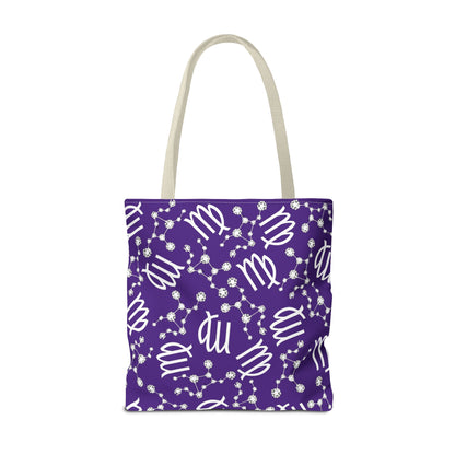 Tote Bag, Virgo Zodiac Sign, AOP, (Purple, White)