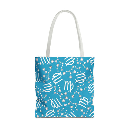 Tote Bag, Virgo Zodiac Sign, AOP, (Turquoise, White)