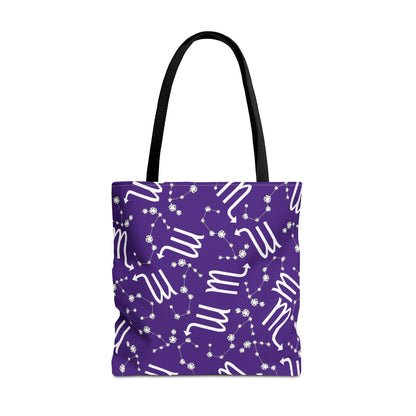 Tote Bag, Scorpio Zodiac Sign, AOP, (Purple, White)