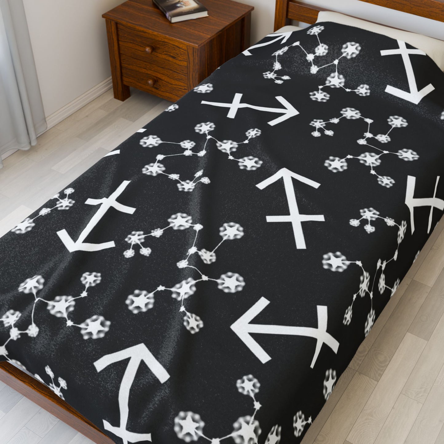 Velveteen Plush Blanket, Sagittarius Zodiac Sign, Constellation & Symbol, Black, 100% polyester