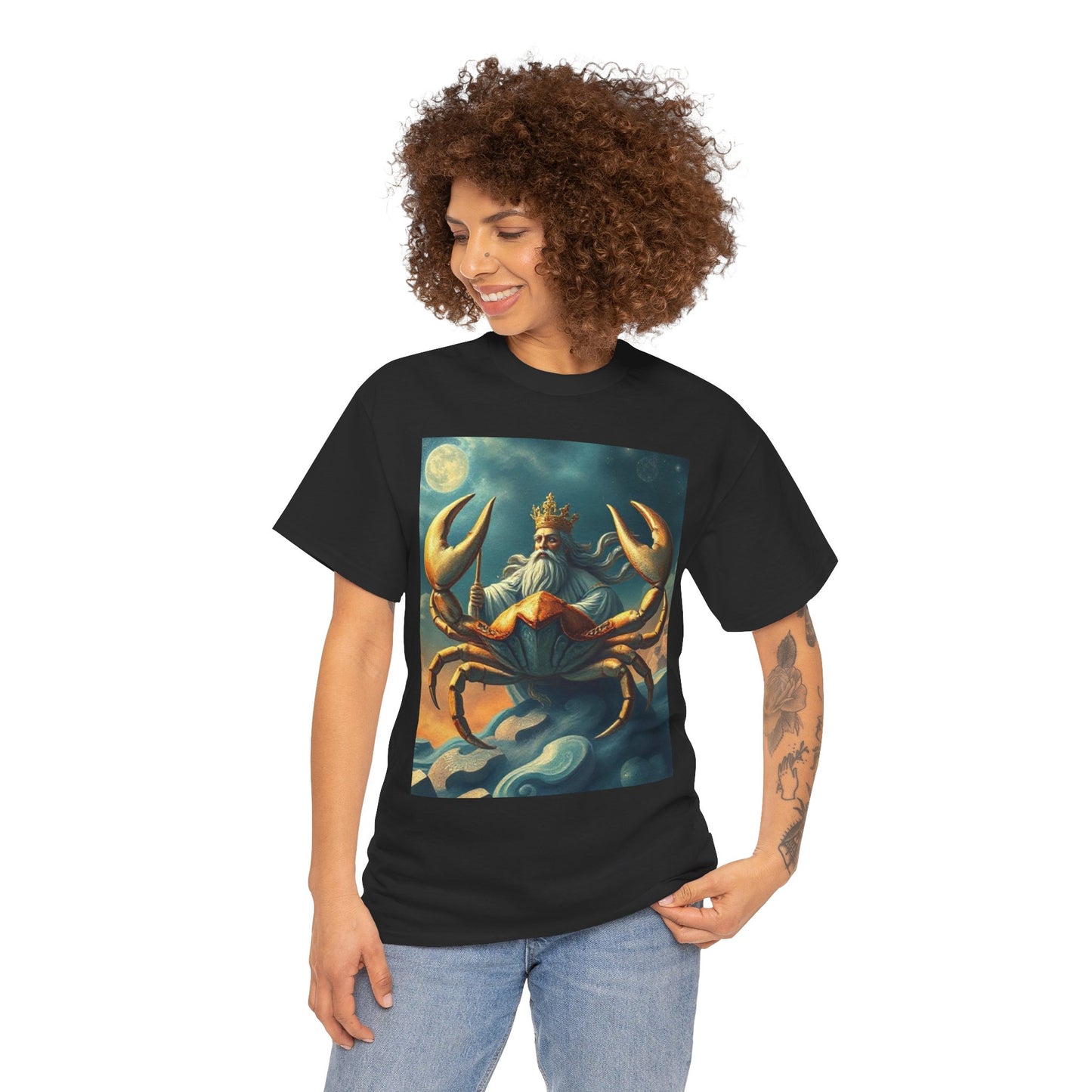 Unisex Heavy Cotton T-Shirt, Crustacean King v1, Cancer Zodiac Design