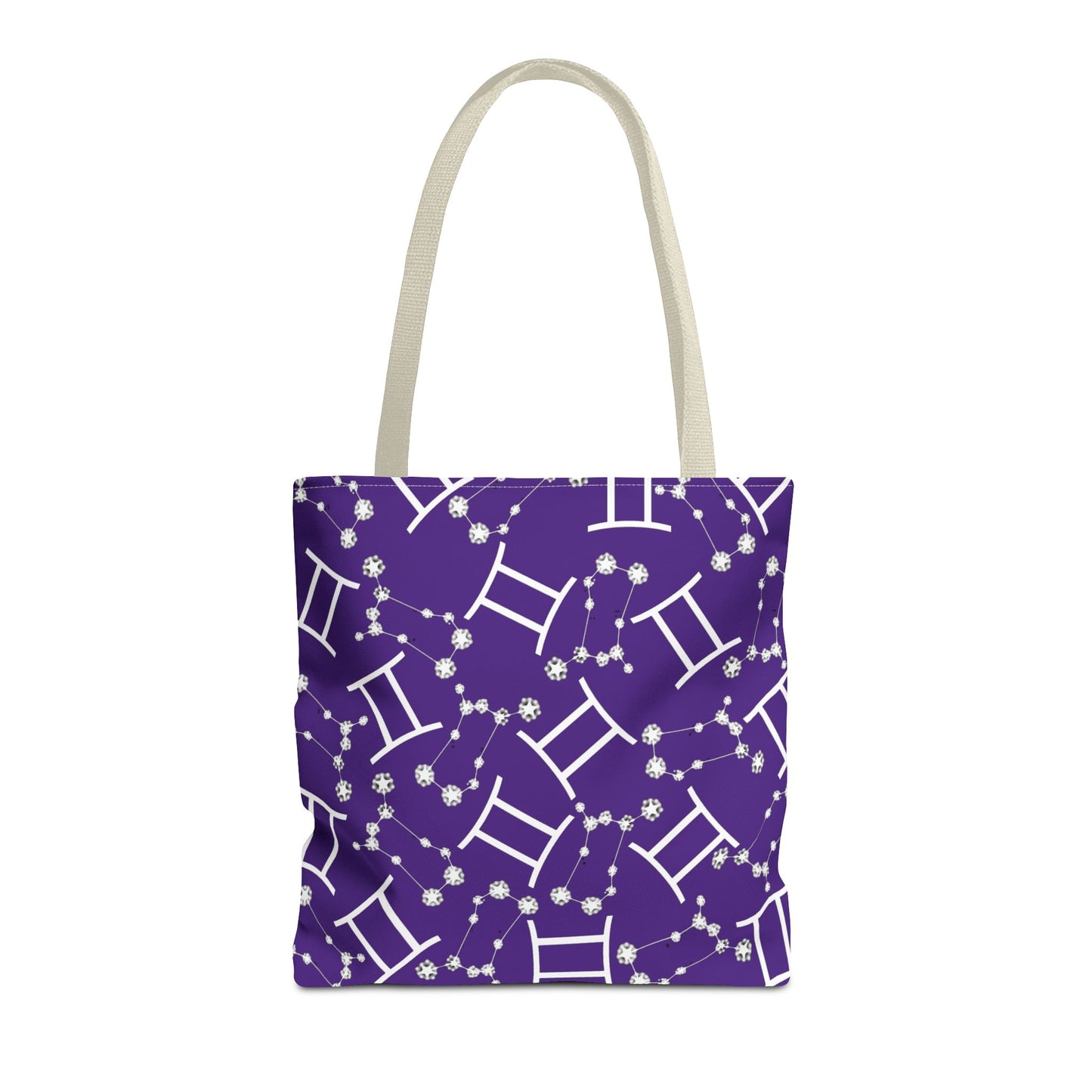 Tote Bag, Gemini Zodiac Sign, AOP, (Purple, White Print)