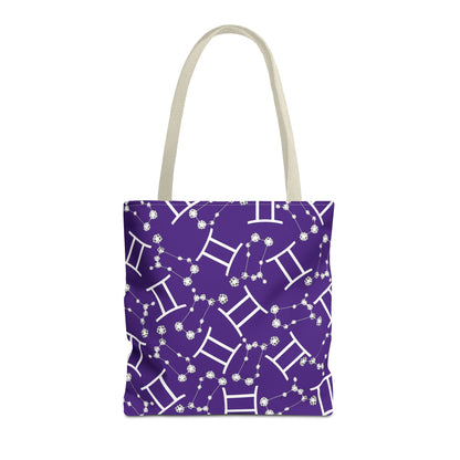 Tote Bag, Gemini Zodiac Sign, AOP, (Purple, White Print)