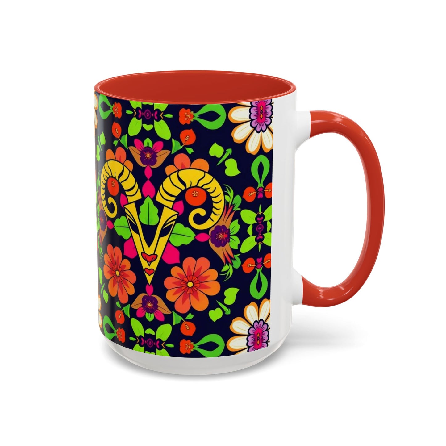 Accent Coffee Mug, Aries, Zodiac v2, Flower Pattern, (11, 15oz)