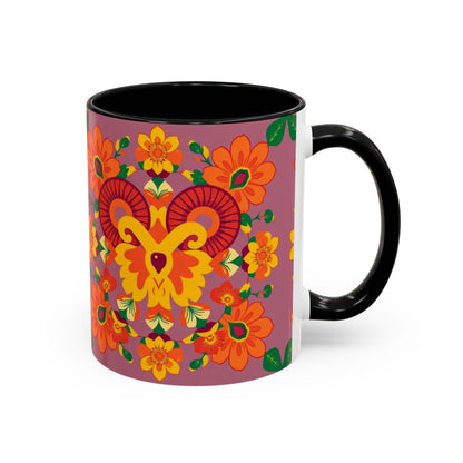 Accent Coffee Mug, Aries, Zodiac v1, Flower Pattern, (11, 15oz)