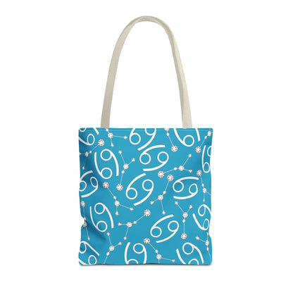 Tote Bag, Cancer Zodiac Sign, AOP, (Turquoise, White)