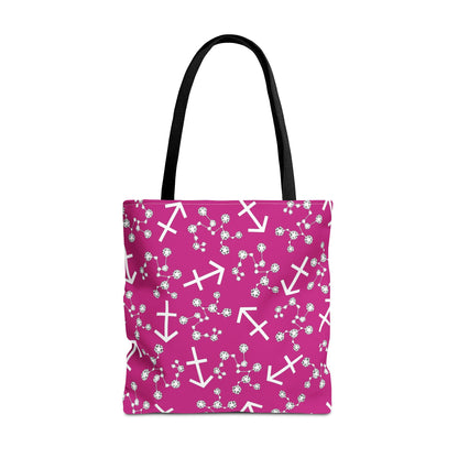 Tote Bag, Sagittarius Zodiac Sign, AOP, (Pink, White Print)