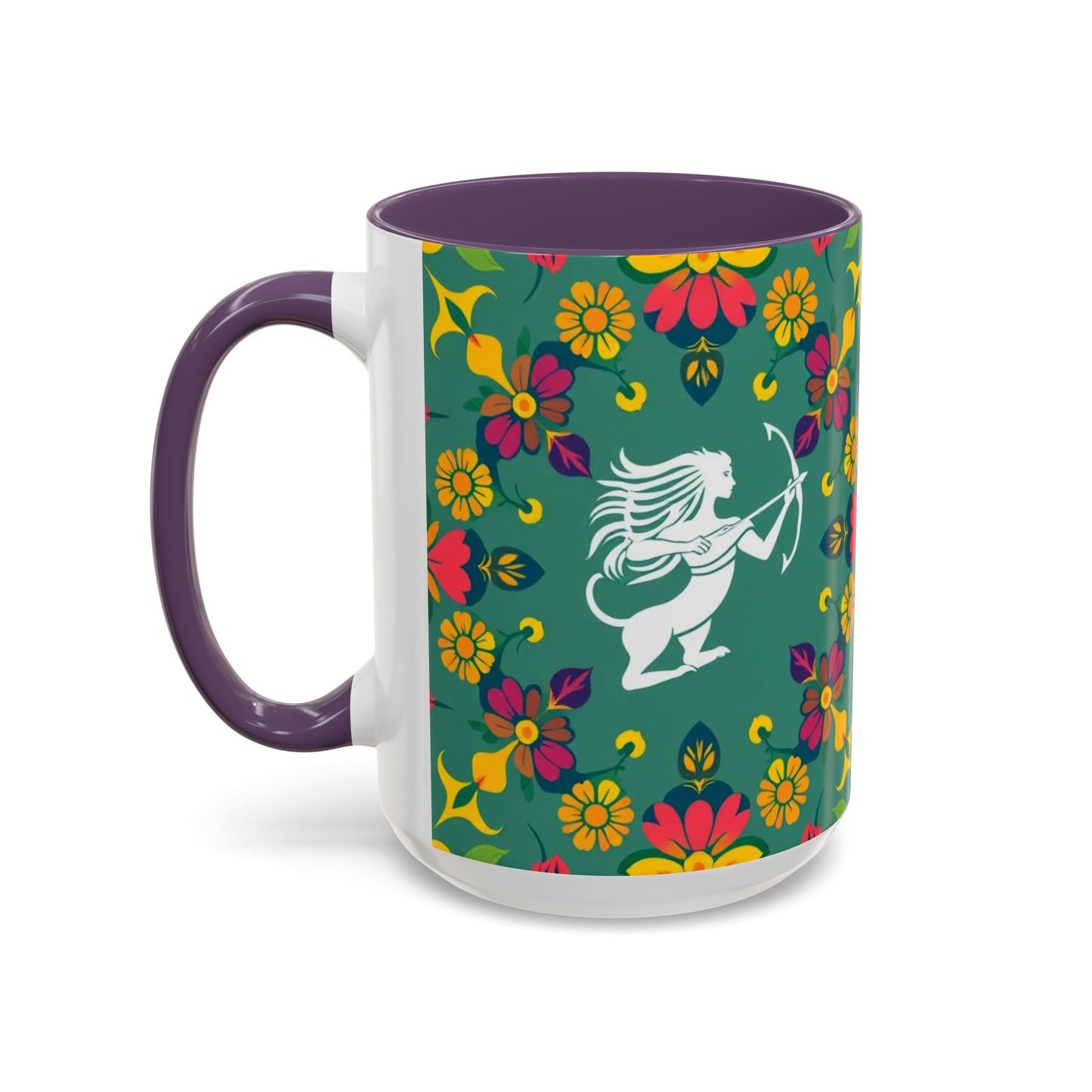 Accent Coffee Mug, Sagittarius, Zodiac. Flower Pattern, (11, 15oz)