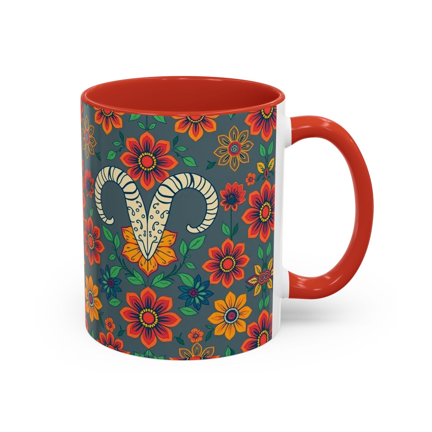 Accent Coffee Mug, Aries, Zodiac v4, Flower Pattern, (11, 15oz)