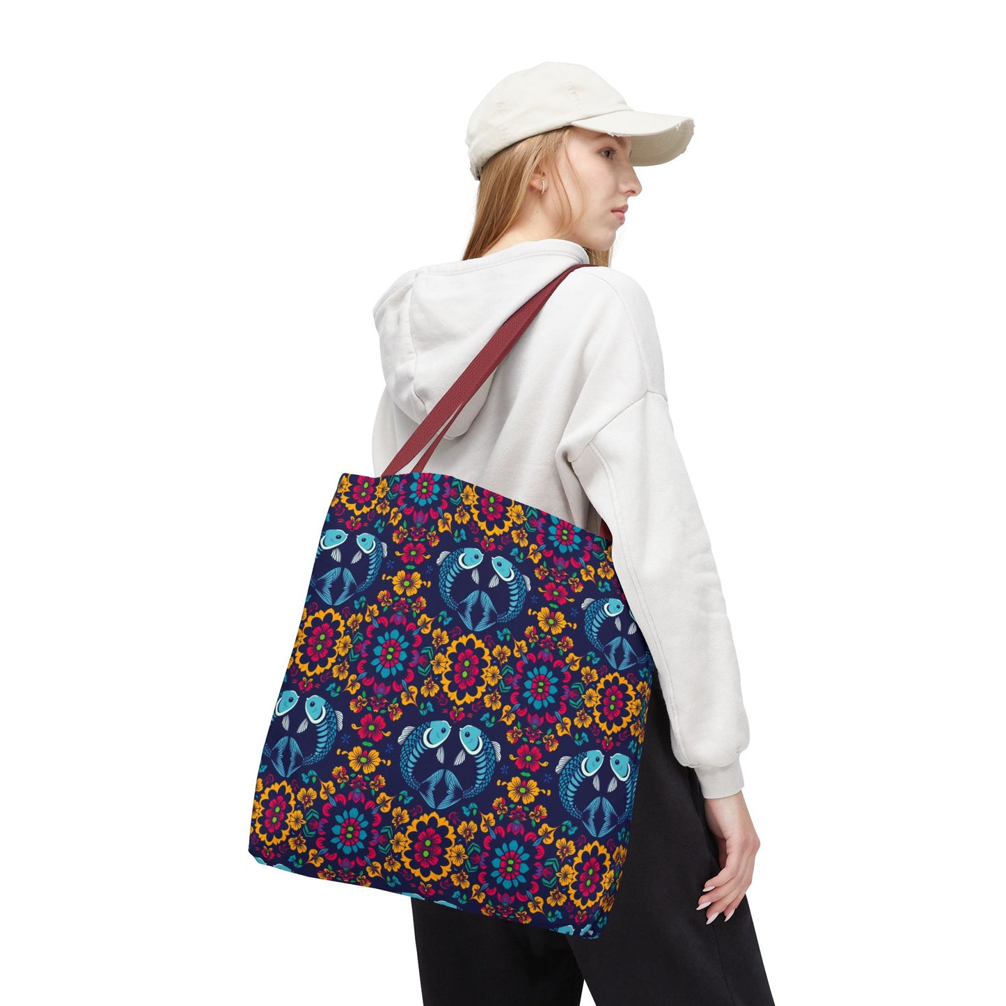 Tote Bag, (AOP), Pisces, Zodiac v3, Flower Pattern