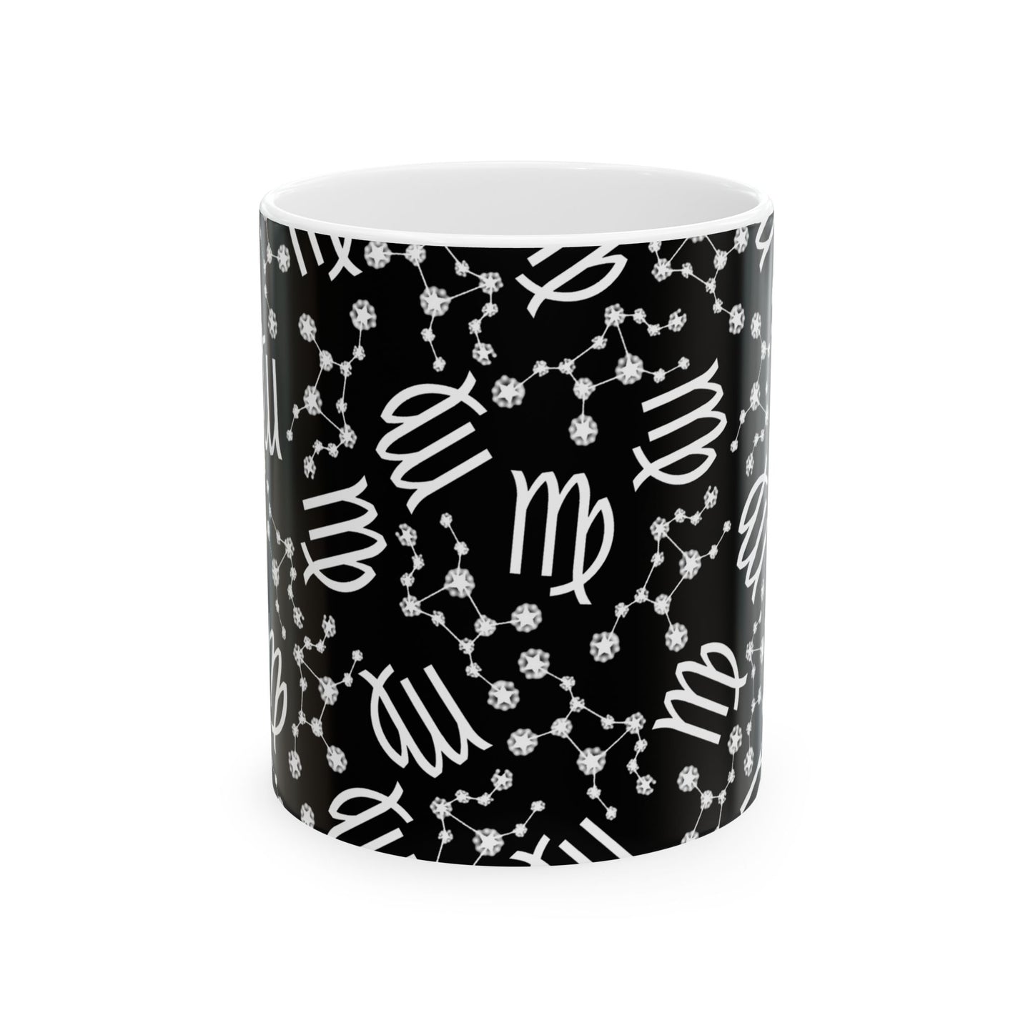Ceramic Mug, (11oz, 15oz), Ceramic Coffee Mug, Black AOP, Virgo Zodiac Design