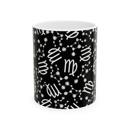 Ceramic Mug, (11oz, 15oz), Ceramic Coffee Mug, Black AOP, Virgo Zodiac Design