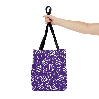 Tote Bag, Virgo Zodiac Sign, AOP, (Purple, White)