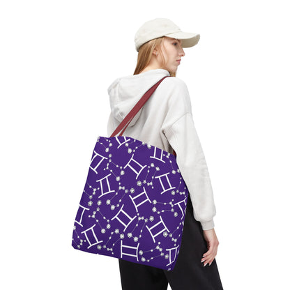 Tote Bag, Gemini Zodiac Sign, AOP, (Purple, White Print)