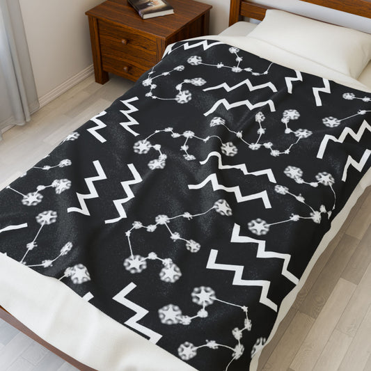 Velveteen Plush Blanket, Aquarius Zodiac Sign, Constellation & Symbol, Black, 100% polyester