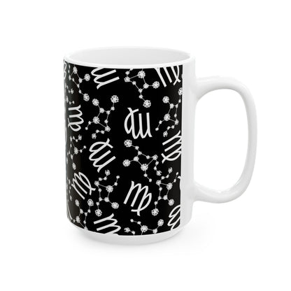Ceramic Mug, (11oz, 15oz), Ceramic Coffee Mug, Black AOP, Virgo Zodiac Design