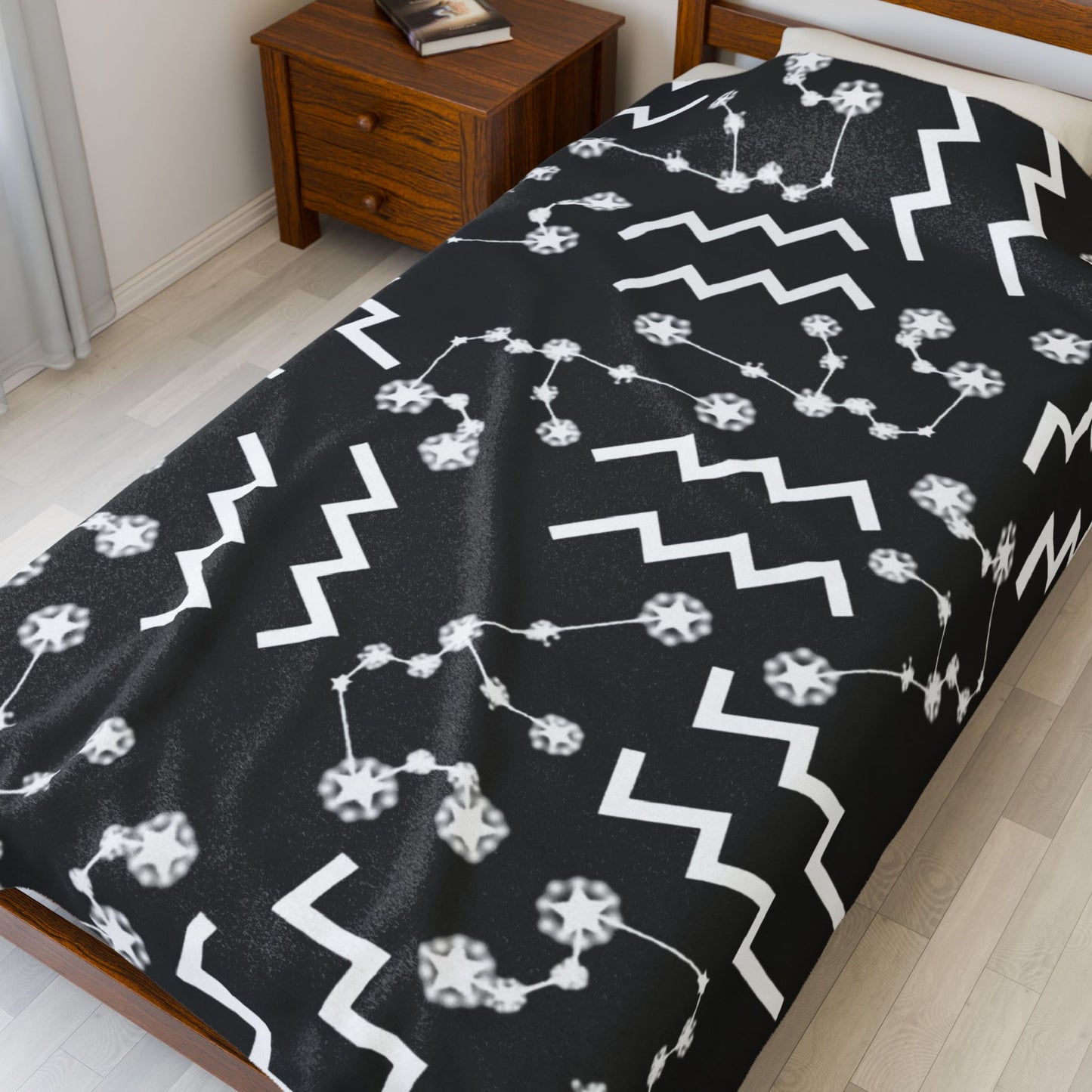 Velveteen Plush Blanket, Aquarius Zodiac Sign, Constellation & Symbol, Black, 100% polyester