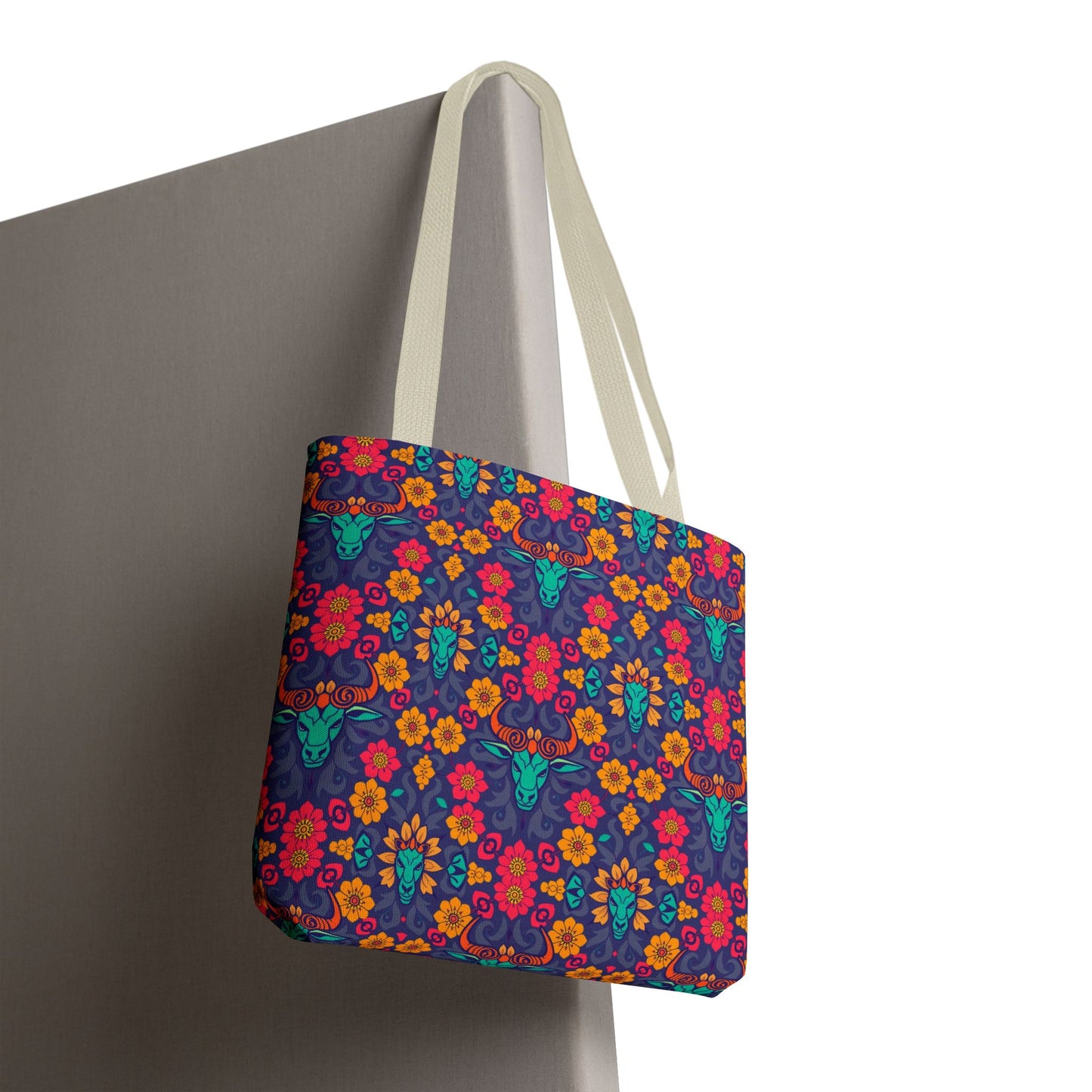 Tote Bag, (AOP), Taurus, Zodiac v1, Flower Pattern